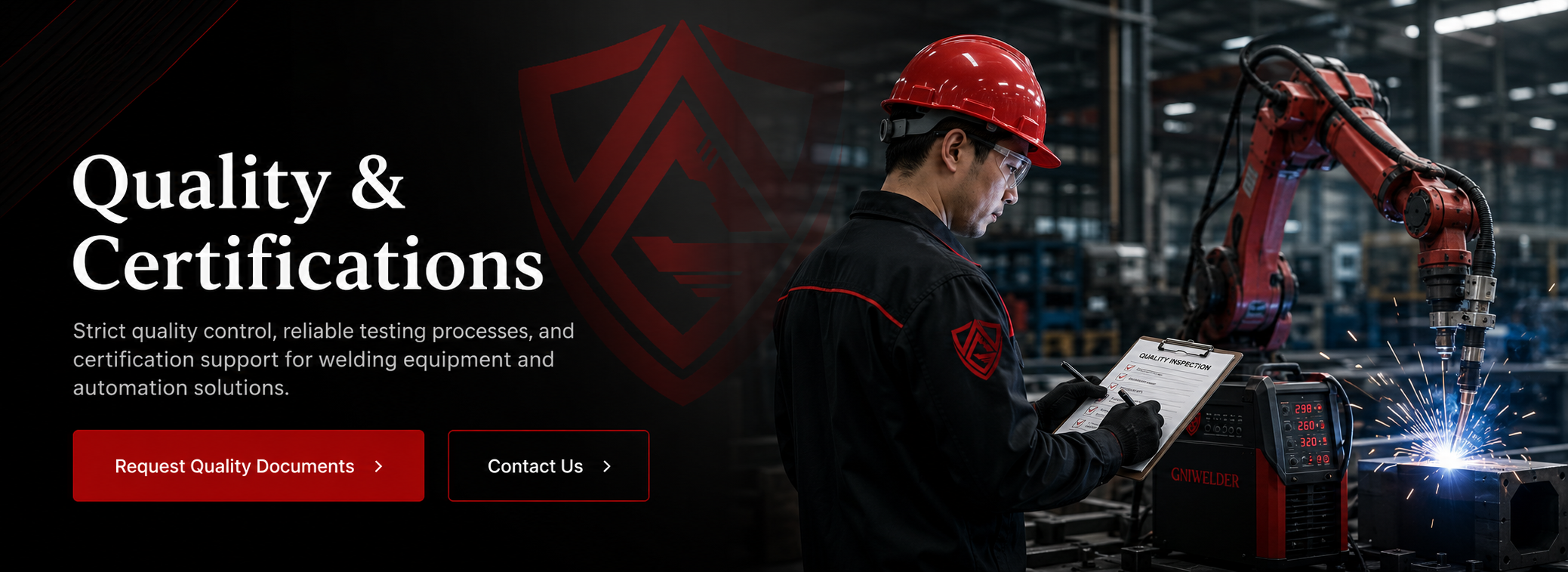 GNIWELDER quality and certifications banner showing welding equipment testing and robotic inspection