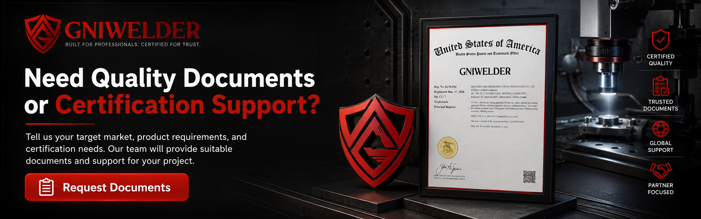 GNIWELDER request quality documents and certification support banner