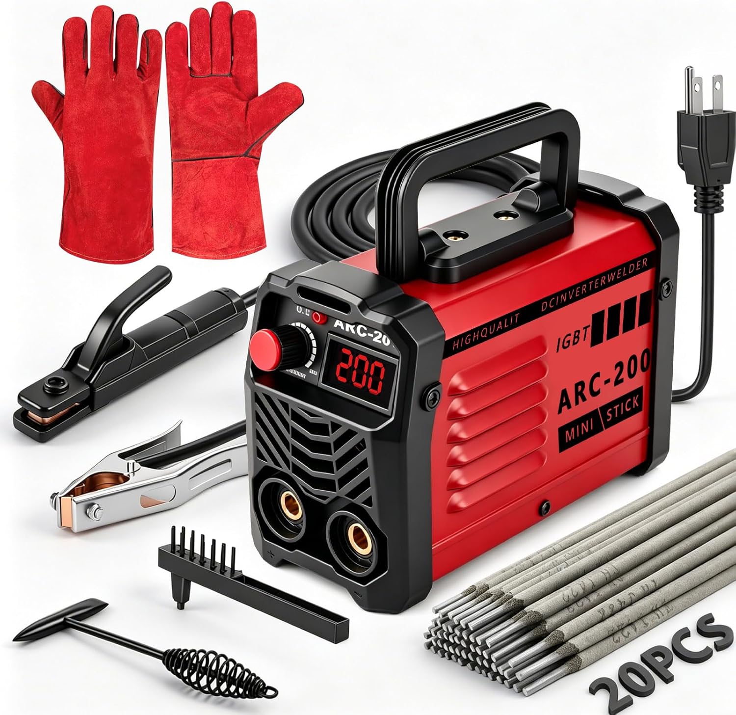 Hpoouo 200Amp 20PCS Rods Stick Welder, Super MINI Portable Welding Machine, IGBT Inverter Welder Machine 110V with Hot Start Arc Force Anti-Stick, for 1/16"-1/8" Rod ARC Welder, 2 Chip Hammers (Red)